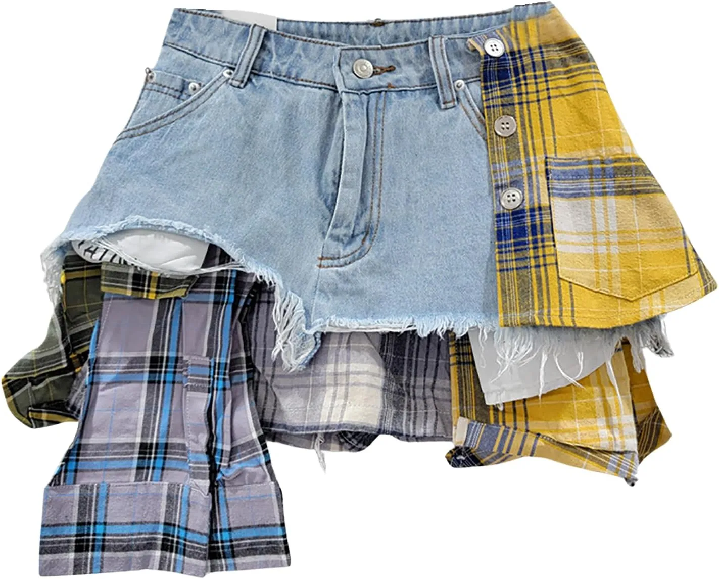 BAIMORE Women's Y2k High Waist Plaid Patchwork Asymmetrical Hem A Line Mini Denim Skirt