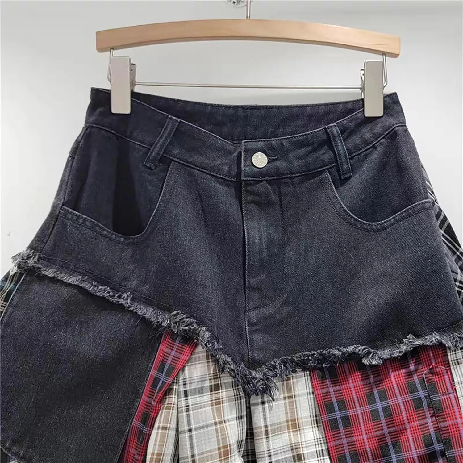 BAIMORE Women's Y2k High Waist Plaid Patchwork Asymmetrical Hem A Line Mini Denim Skirt