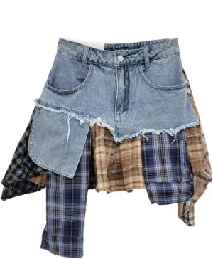 BAIMORE Women's Y2k High Waist Plaid Patchwork Asymmetrical Hem A Line Mini Denim Skirt