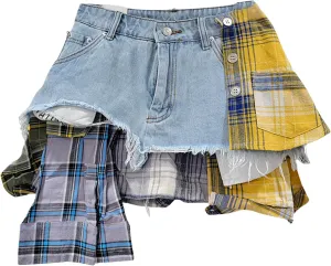 BAIMORE Women's Y2k High Waist Plaid Patchwork Asymmetrical Hem A Line Mini Denim Skirt