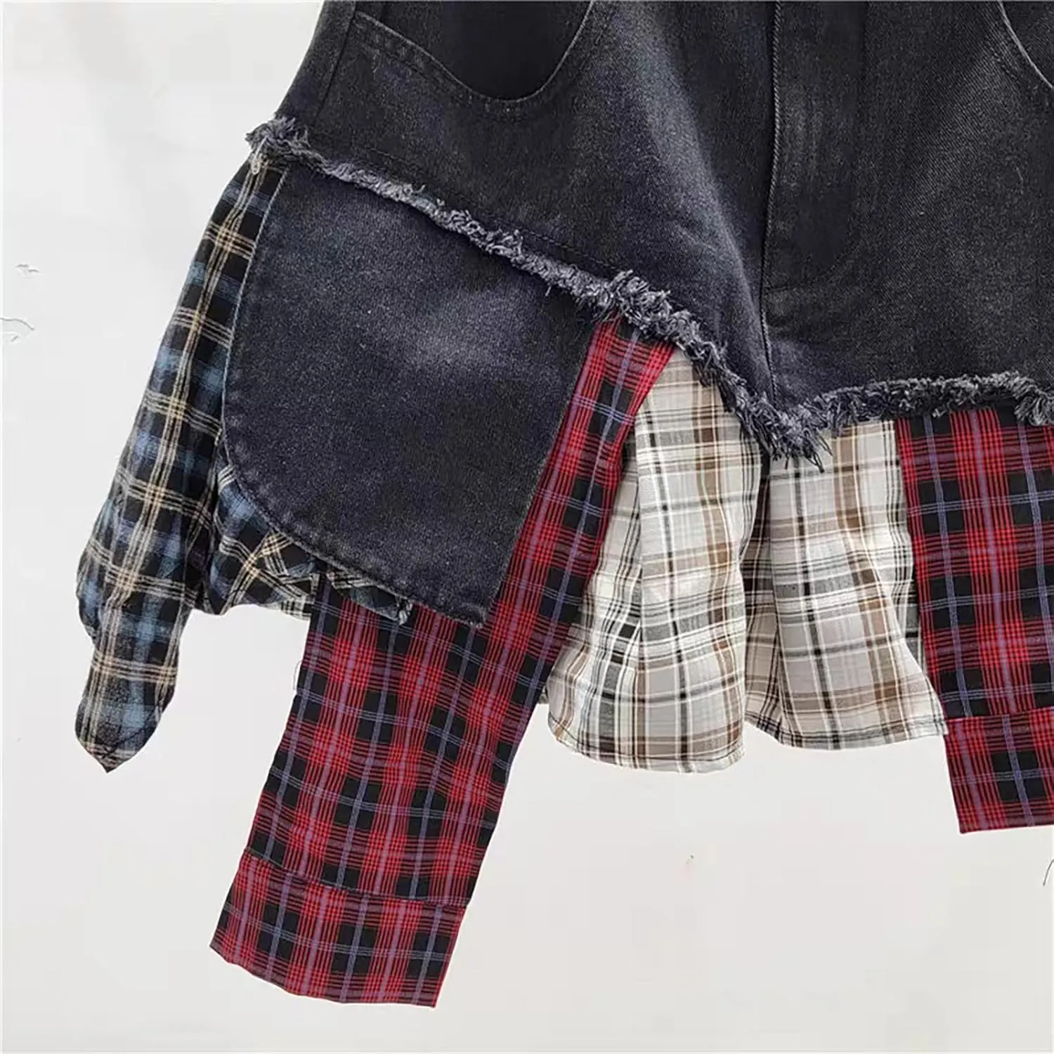 BAIMORE Women's Y2k High Waist Plaid Patchwork Asymmetrical Hem A Line Mini Denim Skirt