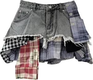 BAIMORE Women's Y2k High Waist Plaid Patchwork Asymmetrical Hem A Line Mini Denim Skirt