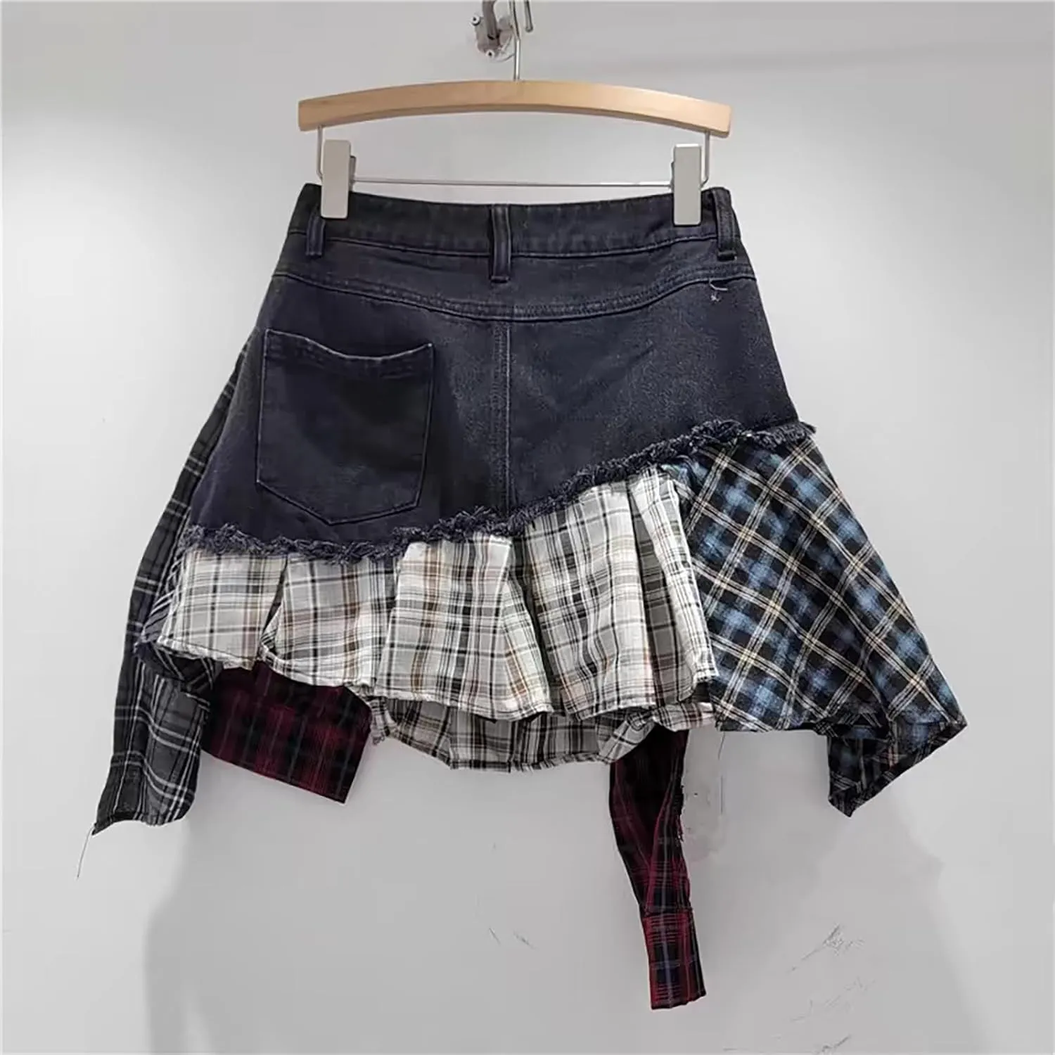 BAIMORE Women's Y2k High Waist Plaid Patchwork Asymmetrical Hem A Line Mini Denim Skirt
