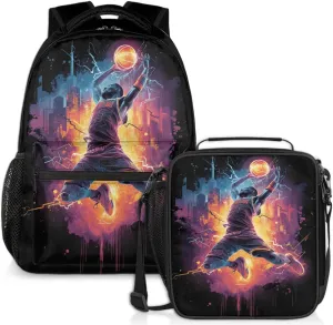 Basketball Player Lunch Backpack Orange Colorful Laptop Backpacks Set with Insulated Cooler Lunch Box Leak Proof Lunch Bag for Women Men Work Travel Camping Daypack