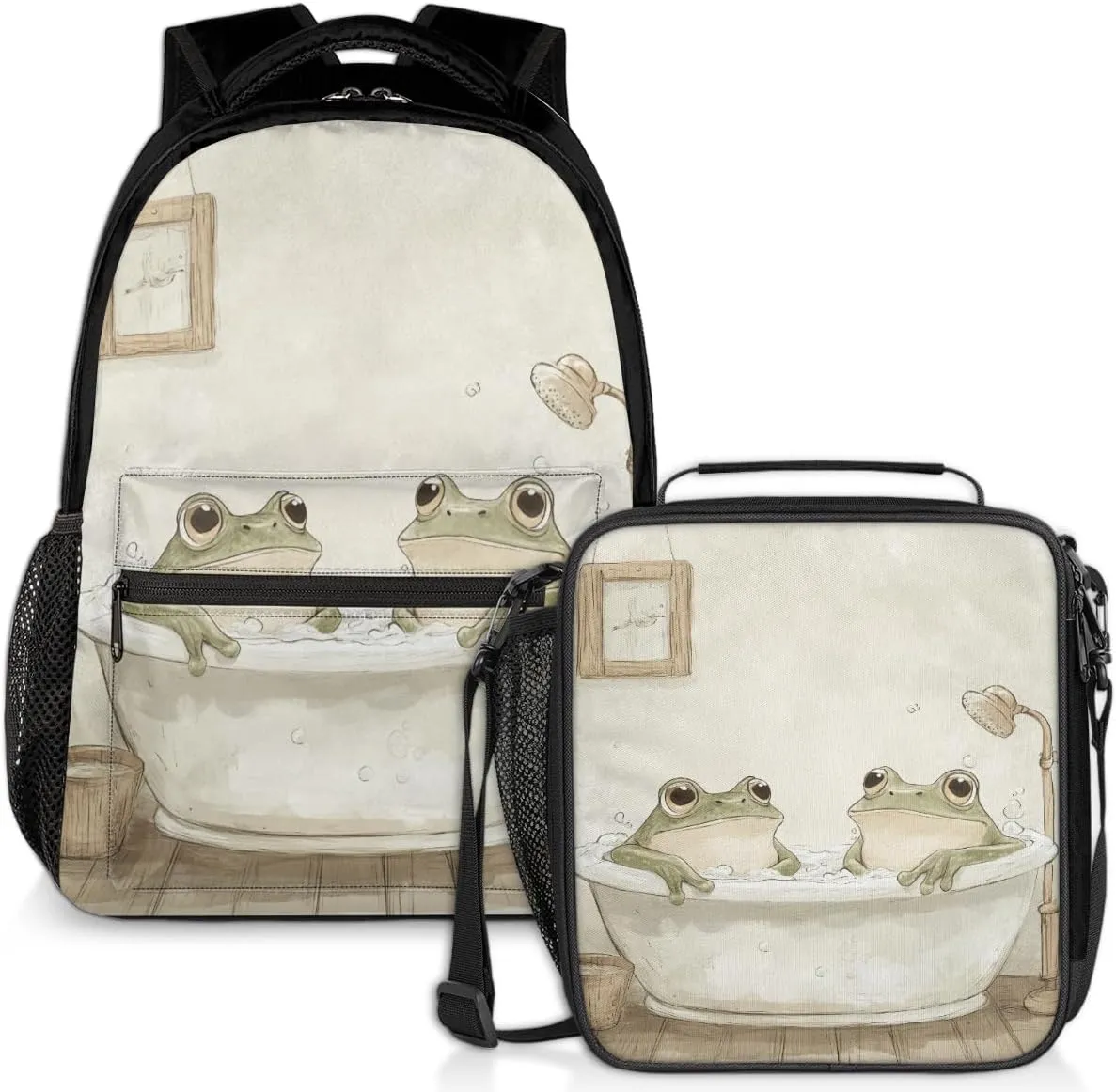 Bathtub Frog Lunch Backpack Funny Animal Laptop Backpacks Set with Insulated Cooler Lunch Box Leak Proof Lunch Bag for Women Men Work Camping Travel Daypack