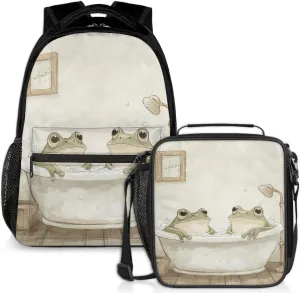 Bathtub Frog Lunch Backpack Funny Animal Laptop Backpacks Set with Insulated Cooler Lunch Box Leak Proof Lunch Bag for Women Men Work Camping Travel Daypack