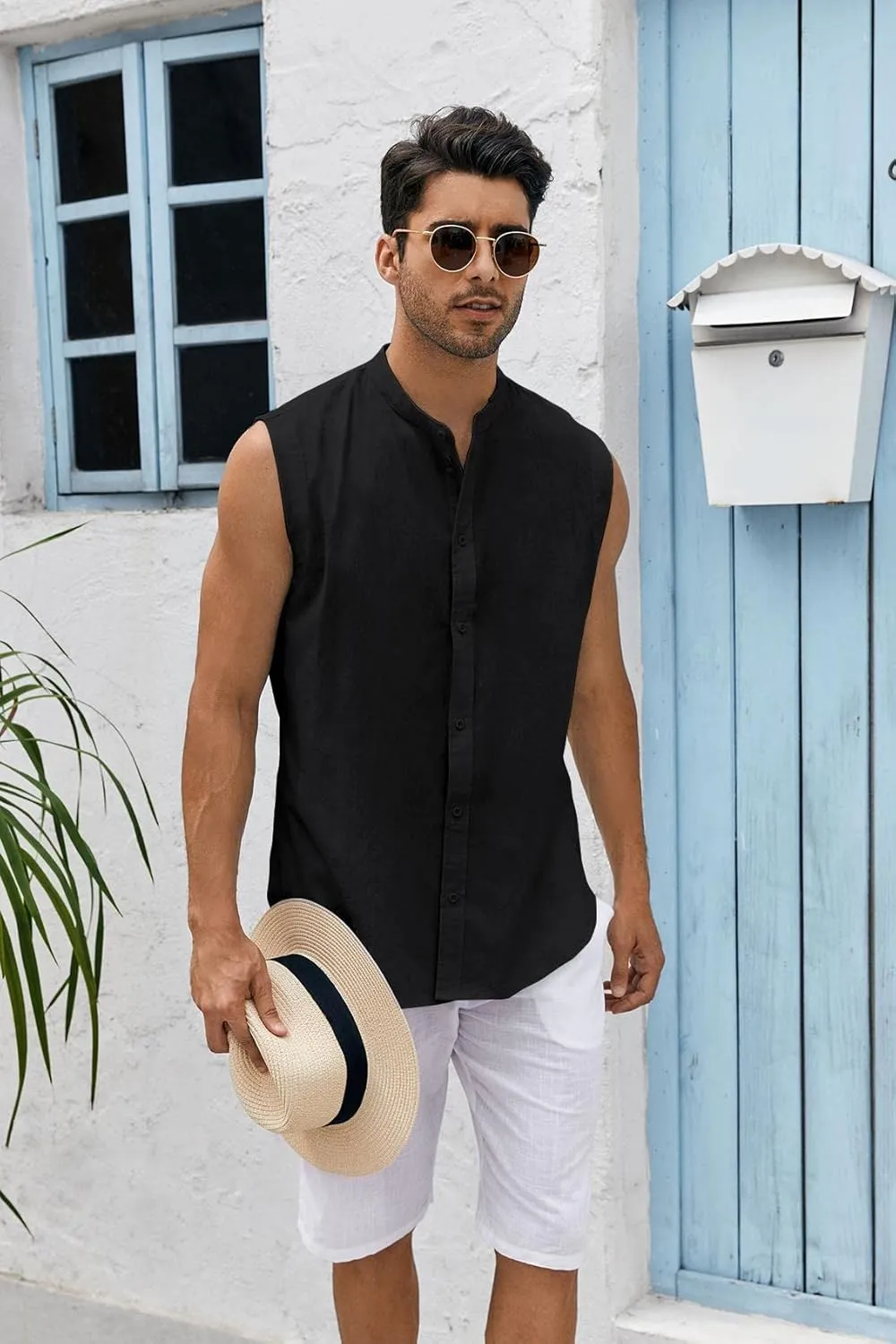 Bbalizko Mens Sleeveless Button Down Shirts Linen Cotton Summer Beach Basic Tank T-Shirt Tops