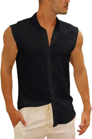 Bbalizko Mens Sleeveless Button Down Shirts Linen Cotton Summer Beach Basic Tank T-Shirt Tops
