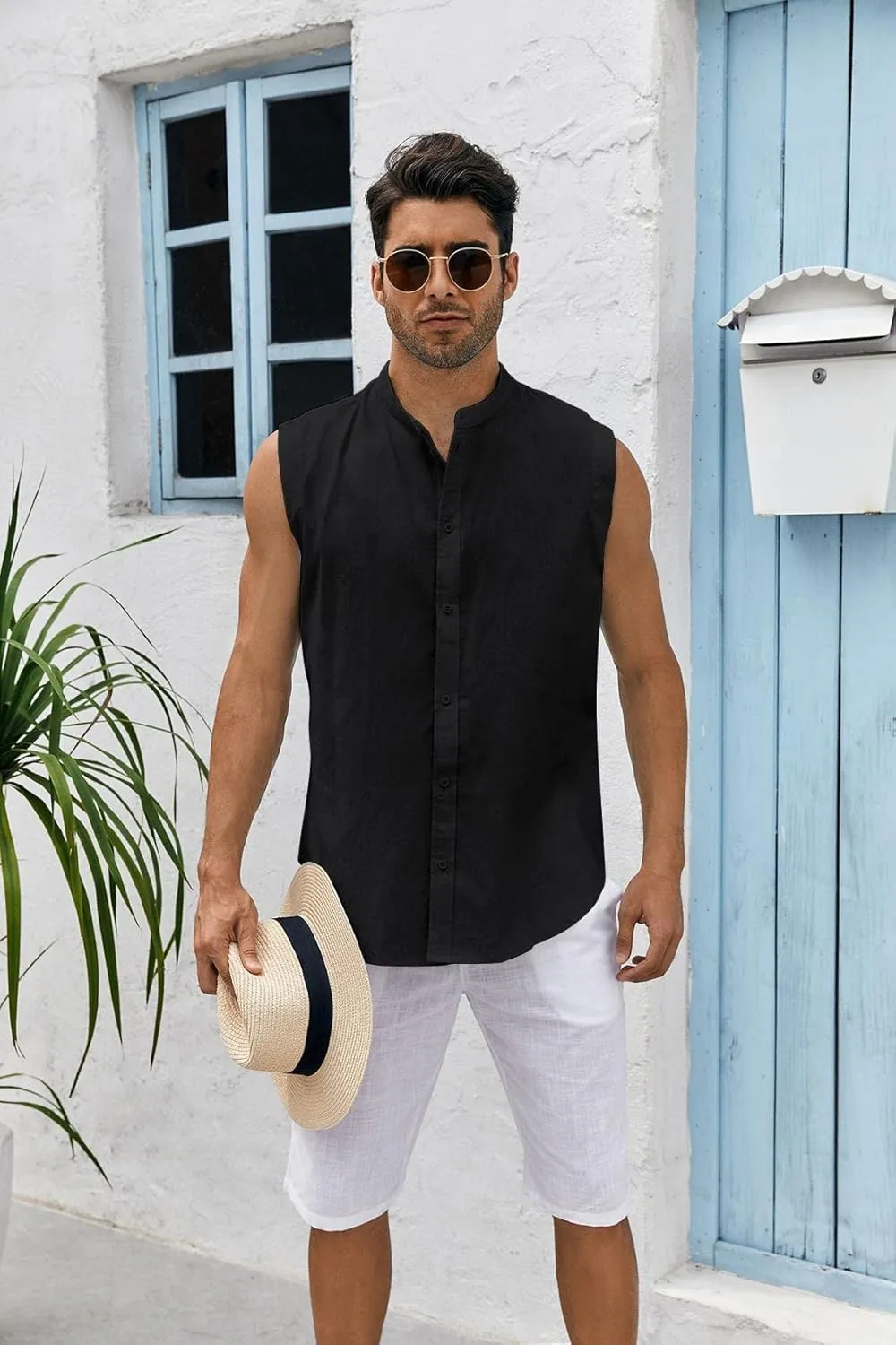 Bbalizko Mens Sleeveless Button Down Shirts Linen Cotton Summer Beach Basic Tank T-Shirt Tops
