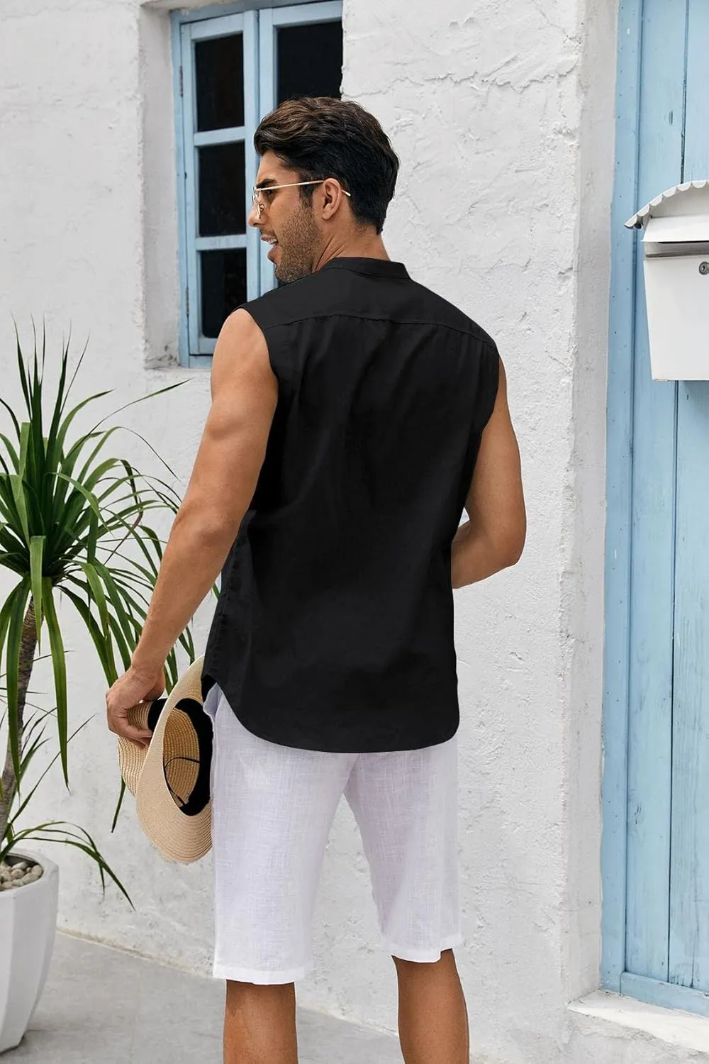 Bbalizko Mens Sleeveless Button Down Shirts Linen Cotton Summer Beach Basic Tank T-Shirt Tops