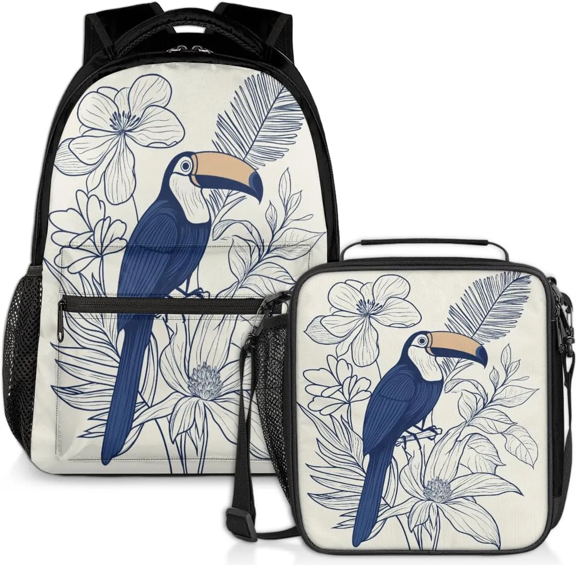 Birds Toucan Lunch Backpack Flower Fern Leaf Laptop Backpacks Set with Insulated Cooler Lunch Box Leak Proof Lunch Bag for Women Men Work Camping Travel Daypack