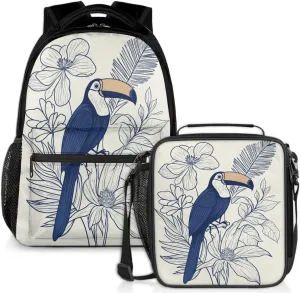 Birds Toucan Lunch Backpack Flower Fern Leaf Laptop Backpacks Set with Insulated Cooler Lunch Box Leak Proof Lunch Bag for Women Men Work Camping Travel Daypack