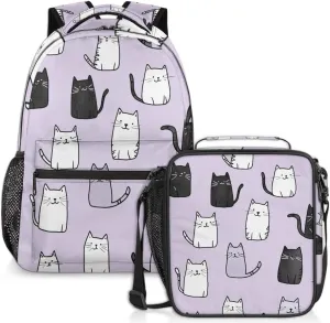 Black Cats Lunch Backpack White Kitty Meow Laptop Backpacks Set with Insulated Cooler Lunch Box Leak Proof Lunch Bag for Women Men Work Camping Travel Daypack