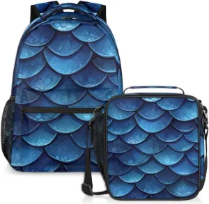 Blue Fish Scales Lunch Backpack Sea Mermaid Laptop Backpacks Set with Insulated Cooler Lunch Box Leak Proof Lunch Bag for Women Men Work Camping Travel Daypack