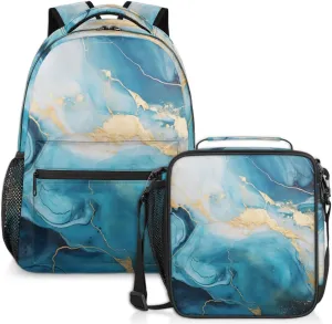 Blue Golden Marble Lunch Backpack Colorful Laptop Backpacks Set with Insulated Cooler Lunch Box Leak Proof Lunch Bag for Women Men Work Travel Camping Daypack