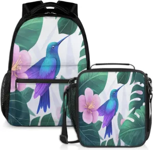 Blue Purple Hummingbird Lunch Backpack Leaf Floral Laptop Backpacks Set with Insulated Cooler Lunch Box Leak Proof Lunch Bag for Women Men Work Camping Travel Daypack
