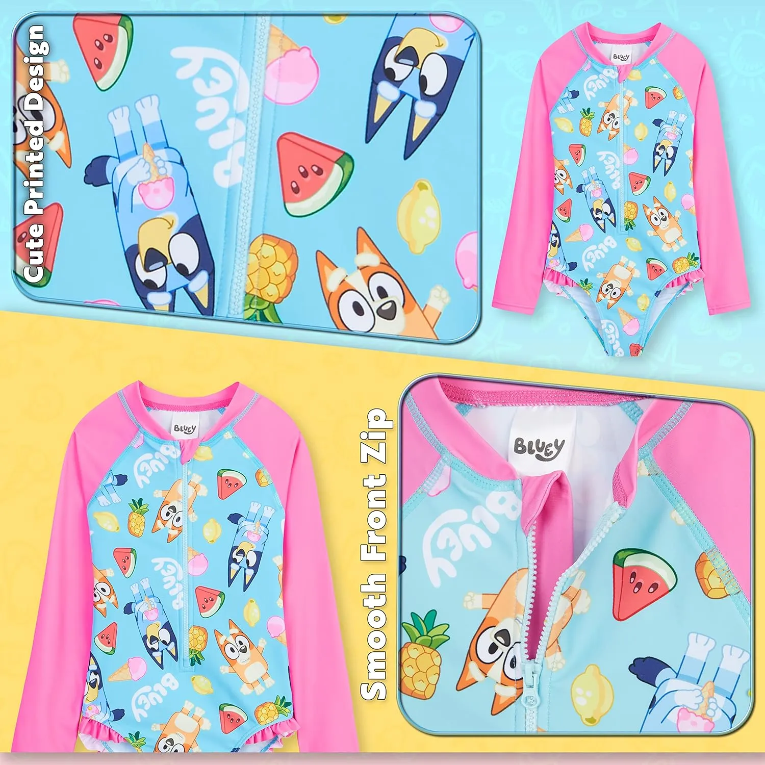 Bluey Girls Swimsuit Long Sleeve One Piece Bathing Suit or Rash Guard Kids Toddler