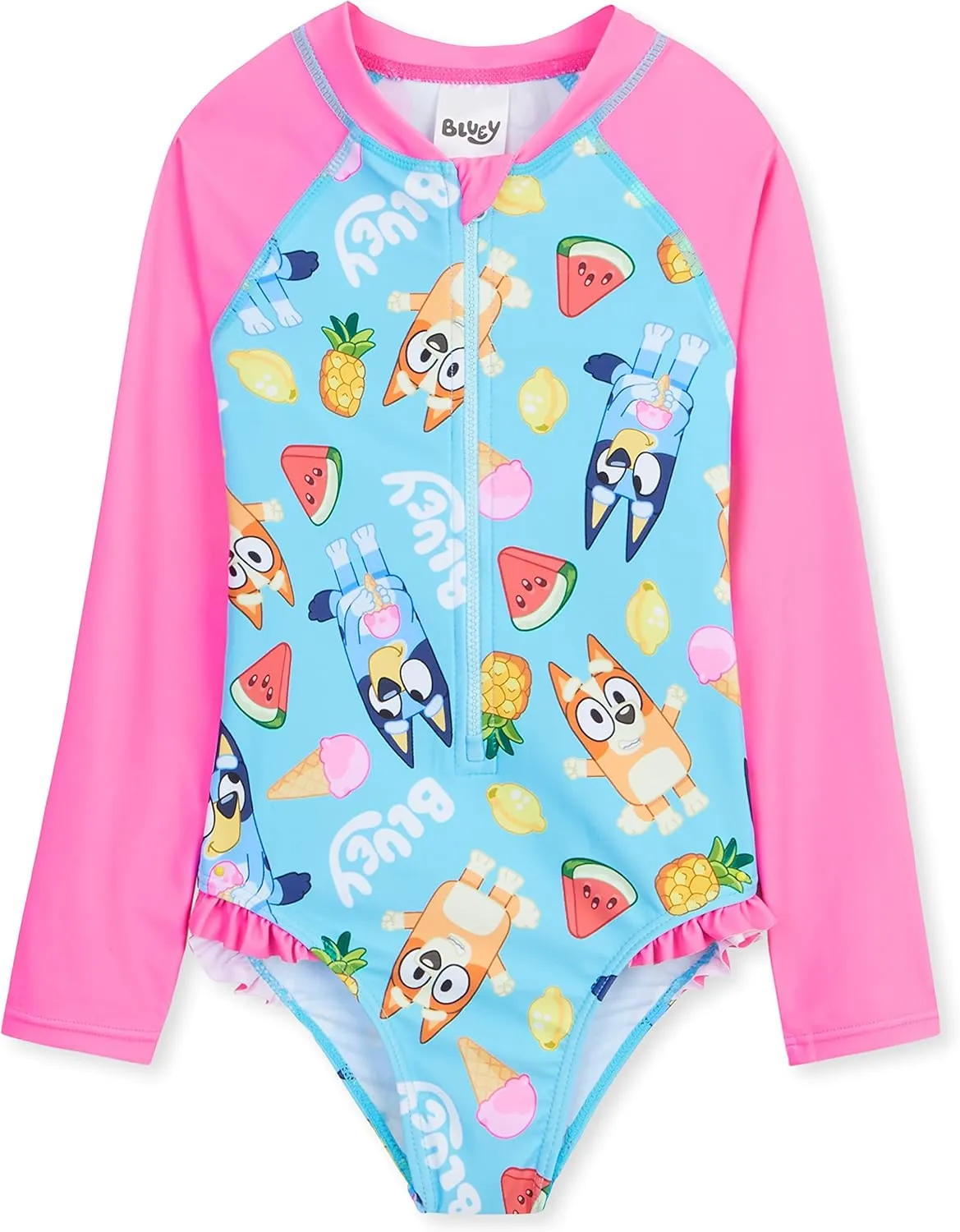 Bluey Girls Swimsuit Long Sleeve One Piece Bathing Suit or Rash Guard Kids Toddler