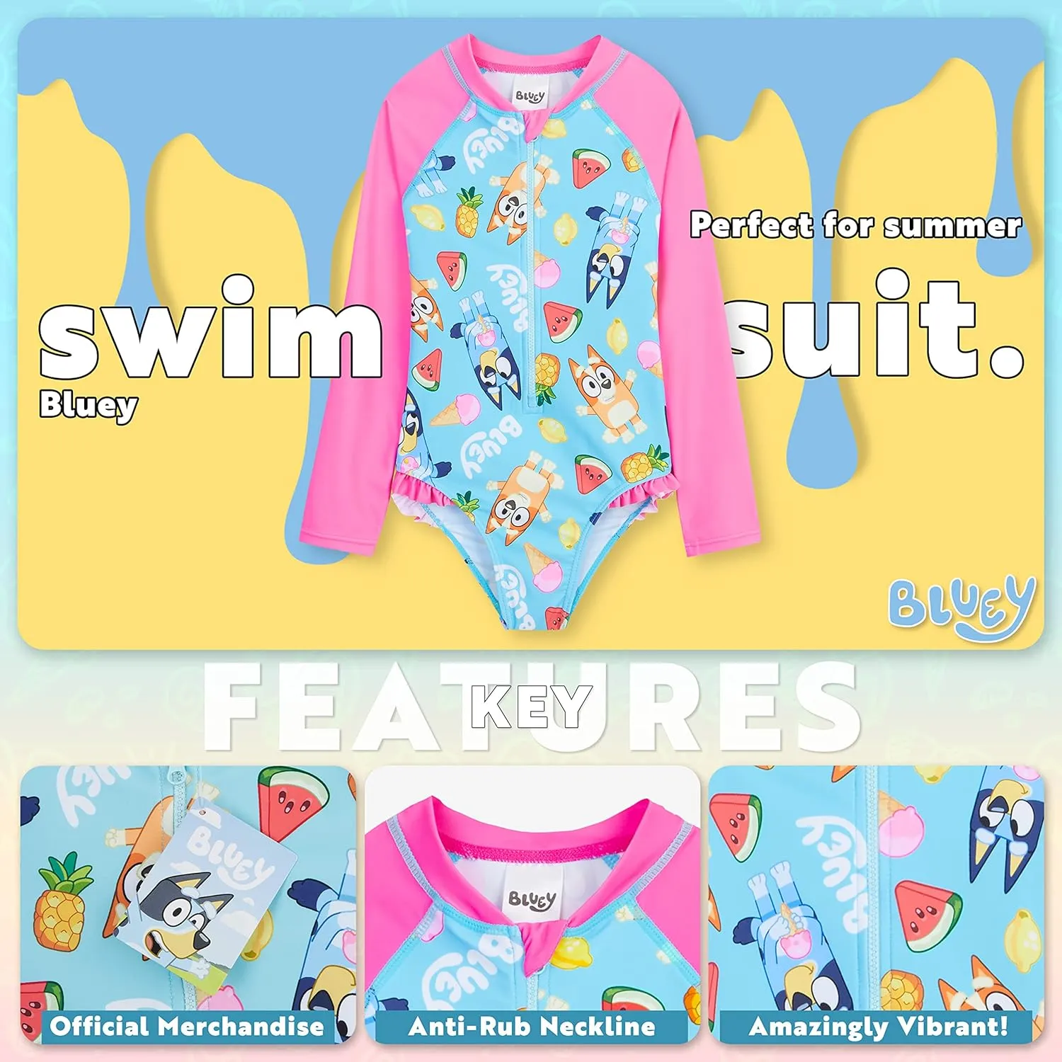 Bluey Girls Swimsuit Long Sleeve One Piece Bathing Suit or Rash Guard Kids Toddler