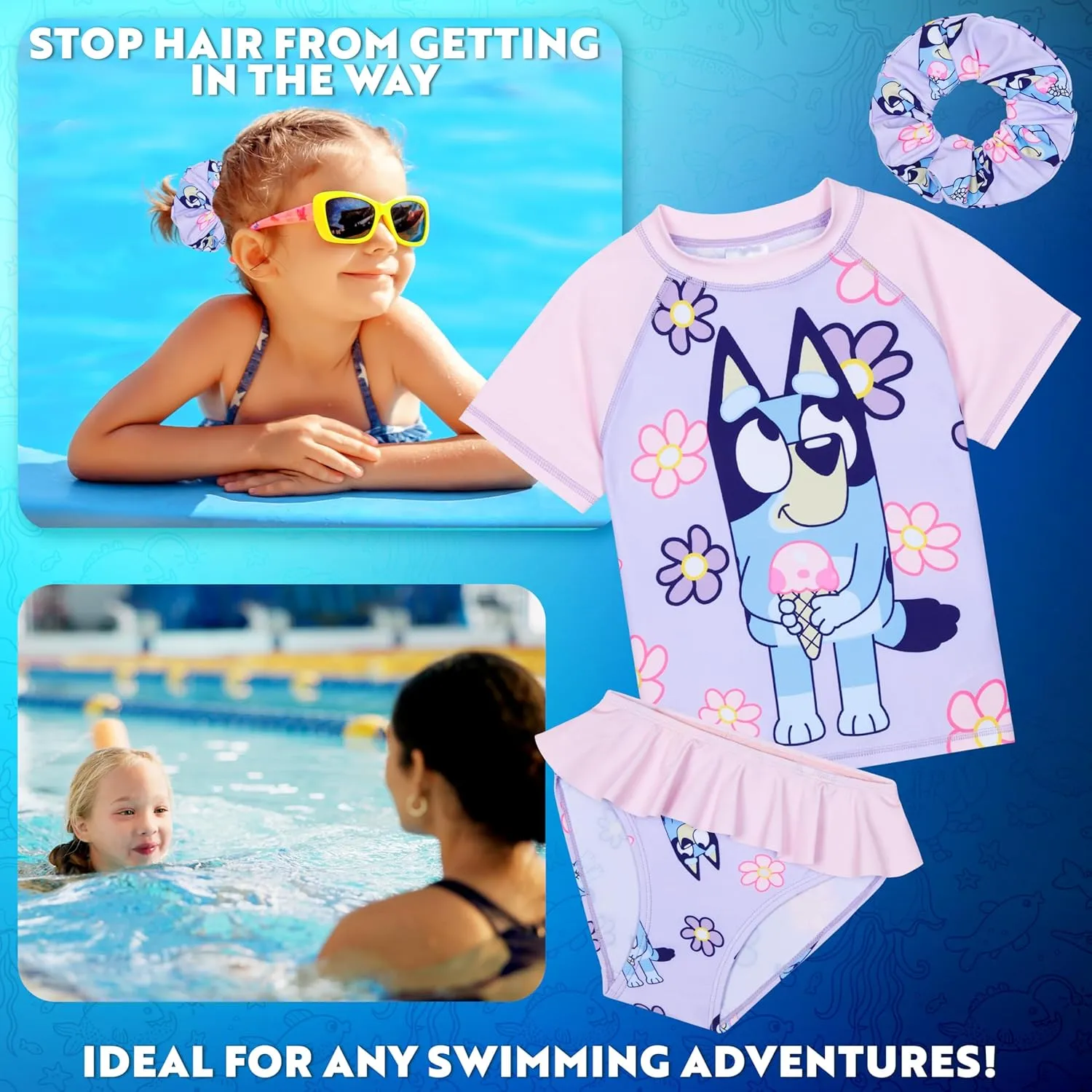 Bluey Girls Swimsuit Long Sleeve One Piece Bathing Suit or Rash Guard Kids Toddler