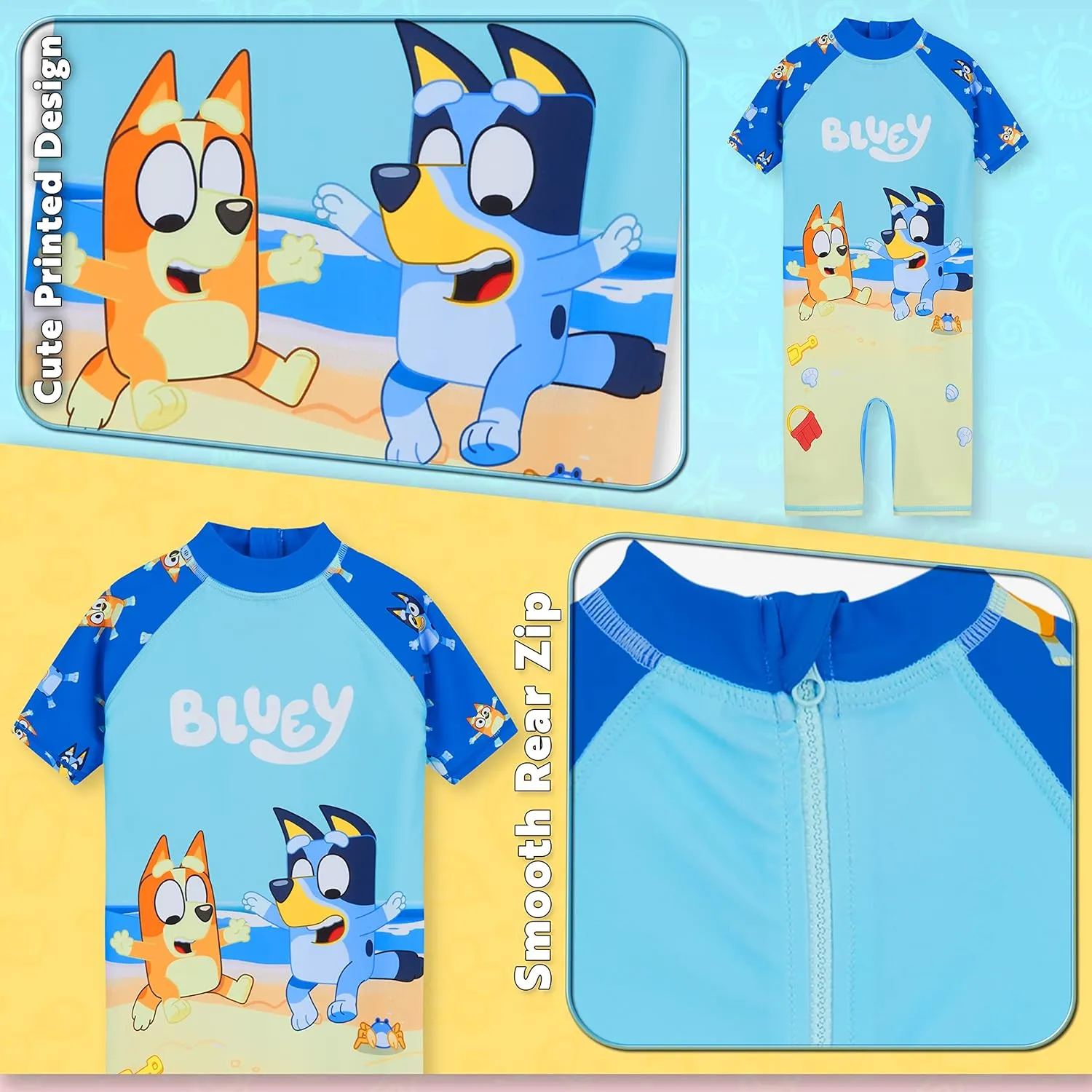 Bluey Girls Swimsuit Long Sleeve One Piece Bathing Suit or Rash Guard Kids Toddler
