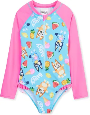 Bluey Girls Swimsuit Long Sleeve One Piece Bathing Suit or Rash Guard Kids Toddler