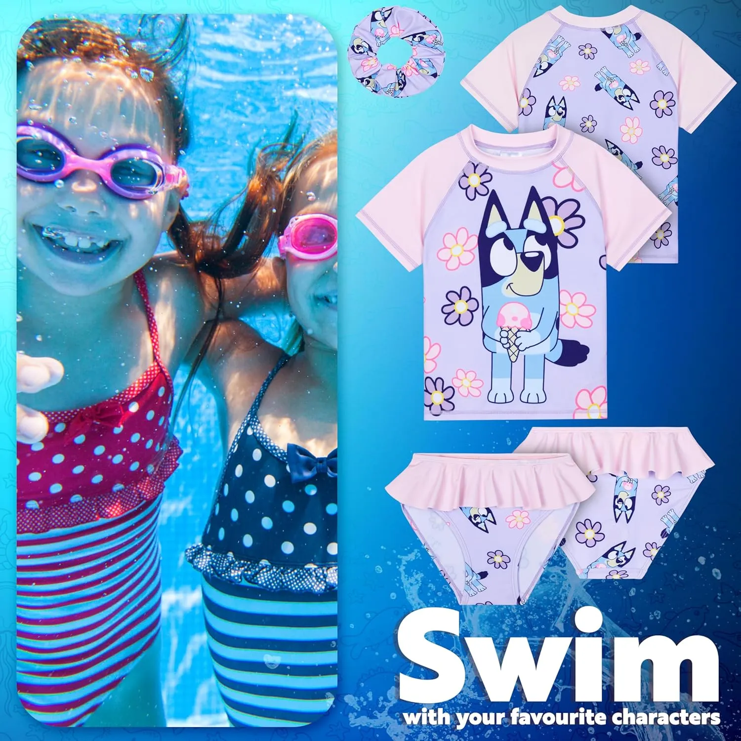 Bluey Girls Swimsuit Long Sleeve One Piece Bathing Suit or Rash Guard Kids Toddler