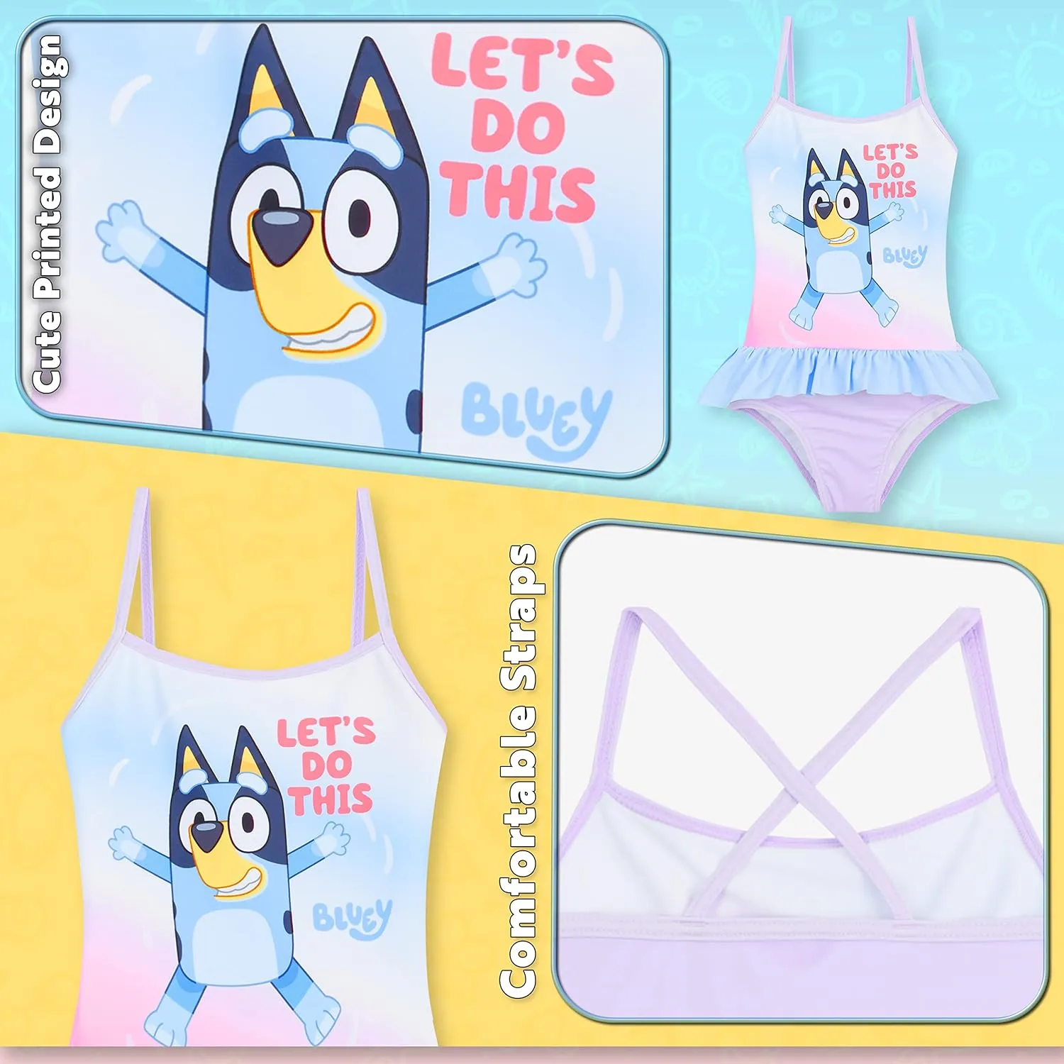 Bluey Girls Swimsuit Long Sleeve One Piece Bathing Suit or Rash Guard Kids Toddler