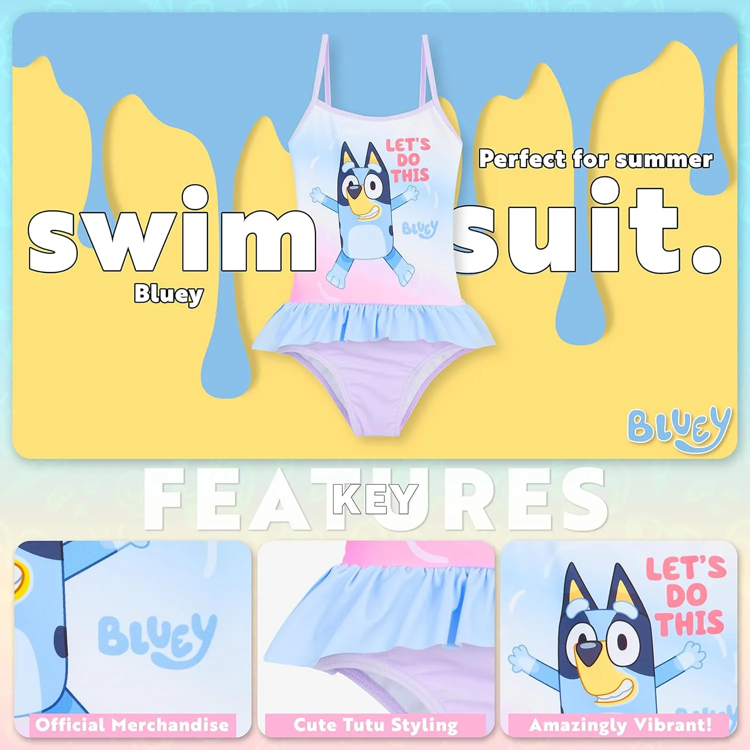 Bluey Girls Swimsuit Long Sleeve One Piece Bathing Suit or Rash Guard Kids Toddler