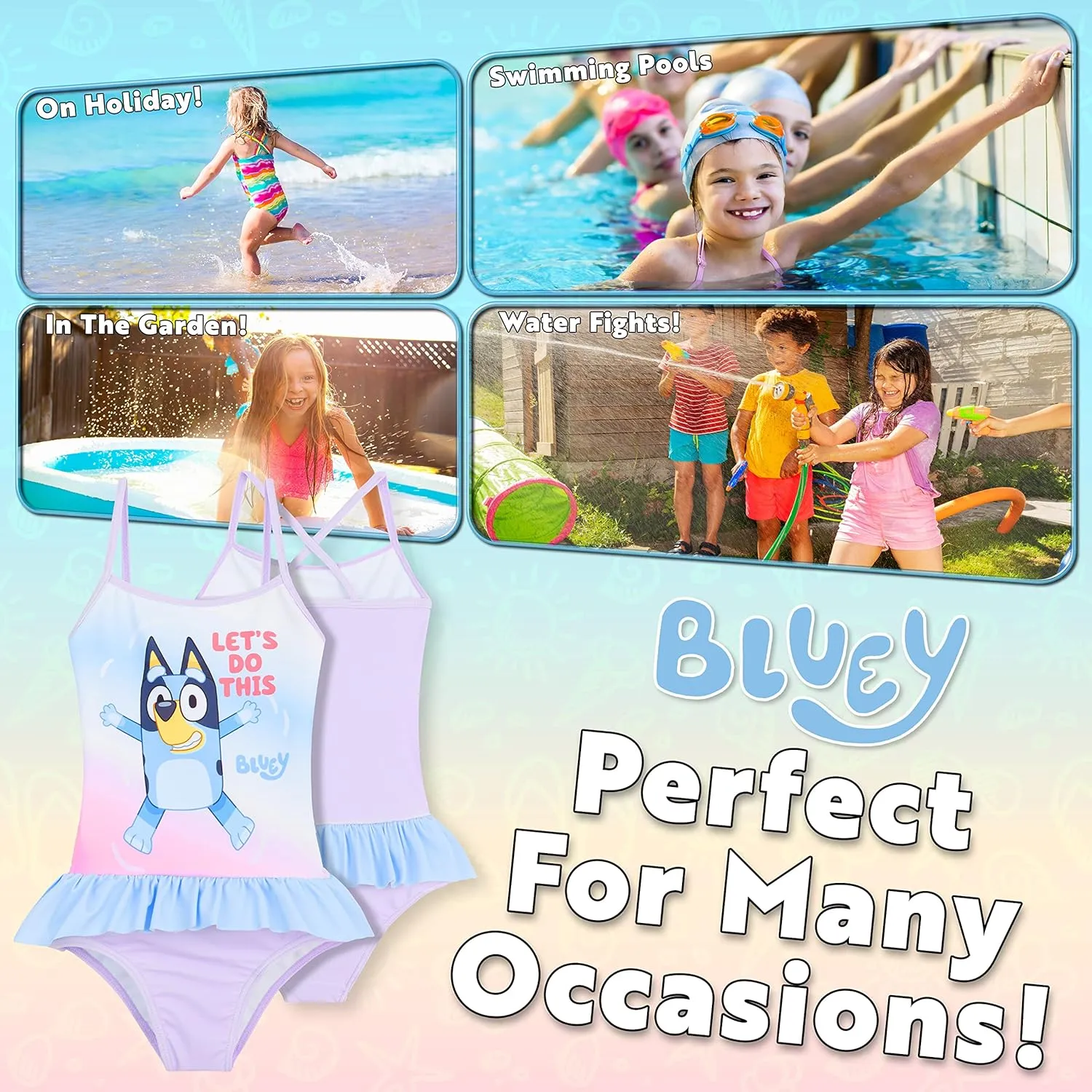 Bluey Girls Swimsuit Long Sleeve One Piece Bathing Suit or Rash Guard Kids Toddler
