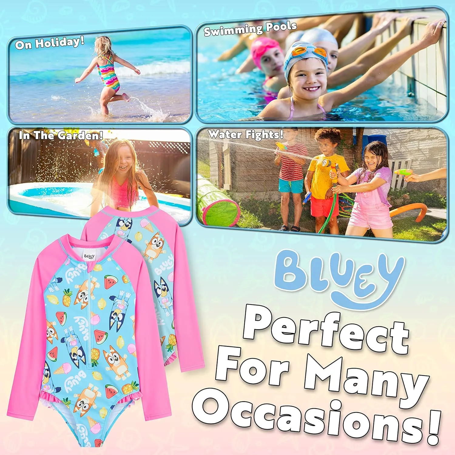Bluey Girls Swimsuit Long Sleeve One Piece Bathing Suit or Rash Guard Kids Toddler