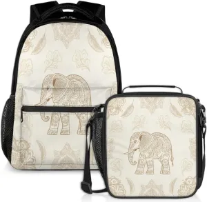 Boho Elephant Lunch Backpack Floral Leaves Mandala Laptop Backpacks Set with Insulated Cooler Lunch Box Leak Proof Lunch Bag for Women Men Work Camping Travel Daypack