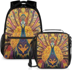Boho Peacock Lunch Backpack Colorful Bird Feather Laptop Backpacks Set with Insulated Cooler Lunch Box Leak Proof Lunch Bag for Women Men Work Camping Travel Daypack