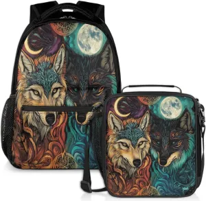 Boho Wolves Lunch Backpack Blue Yellow Moon Laptop Backpacks Set with Insulated Cooler Lunch Box Leak Proof Lunch Bag for Women Men Work Camping Travel Daypack