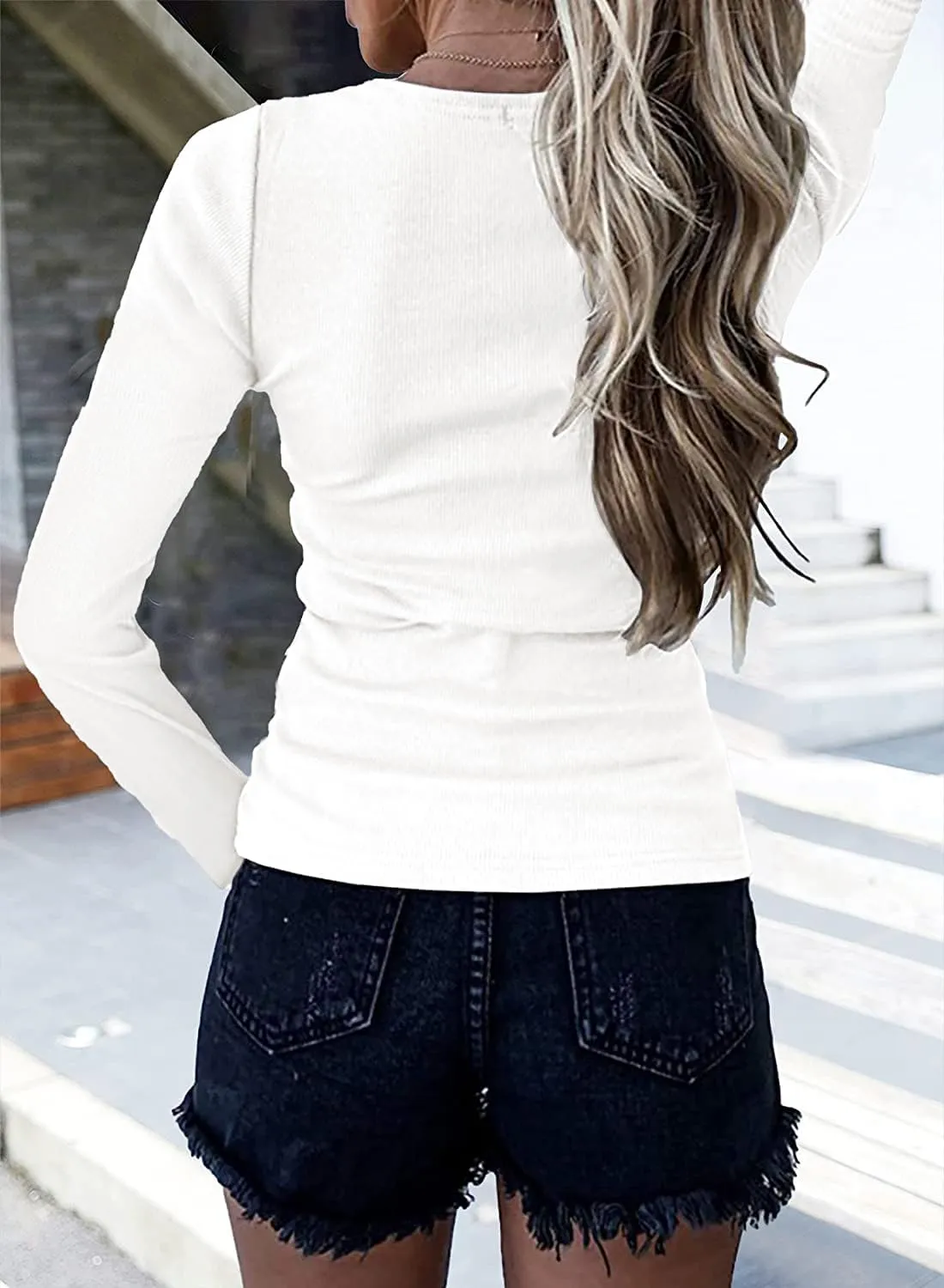 BTFBM Women Long Sleeve Shirts Fall Tops V Neck Button Up Slim Fit Ribbed Knit Solid Color Casual Shirts 2025