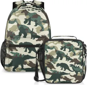 Camo Dinosaur Lunch Backpack Brown Green Camouflage Laptop Backpacks Set with Insulated Cooler Lunch Box Leak Proof Lunch Bag for Women Men Work Camping Travel Daypack