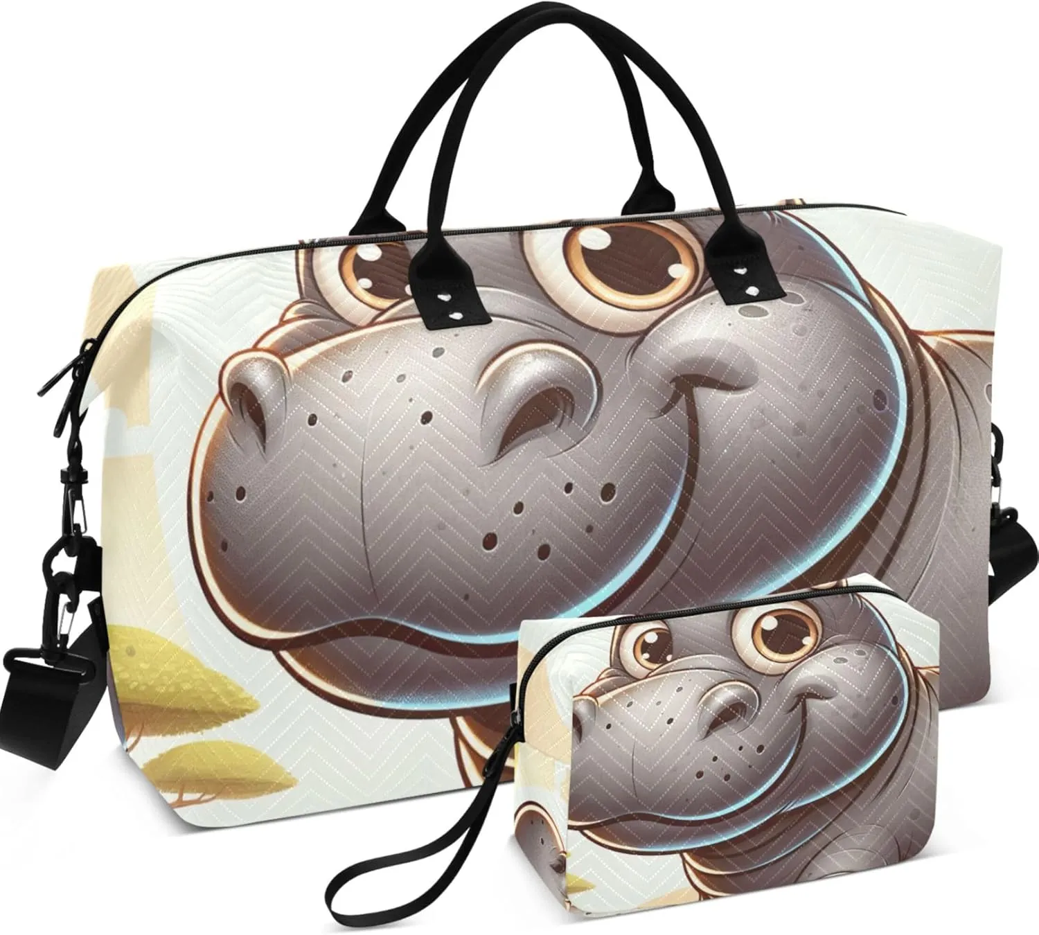 Cartoon Hippo Cute Travel Duffle Bags Make up Bags Set of 2, Cartoon Womens Luggage Bags Weekender Bag