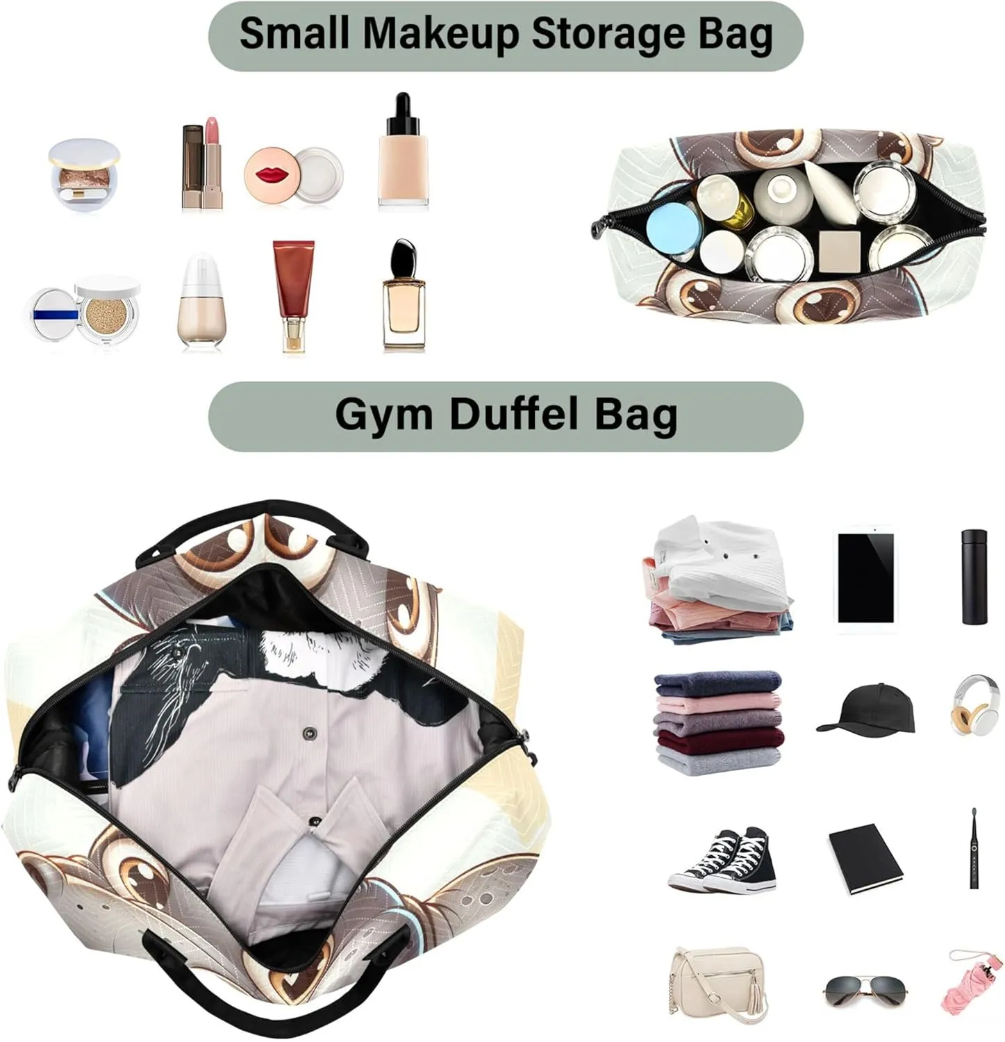 Cartoon Hippo Cute Travel Duffle Bags Make up Bags Set of 2, Cartoon Womens Luggage Bags Weekender Bag