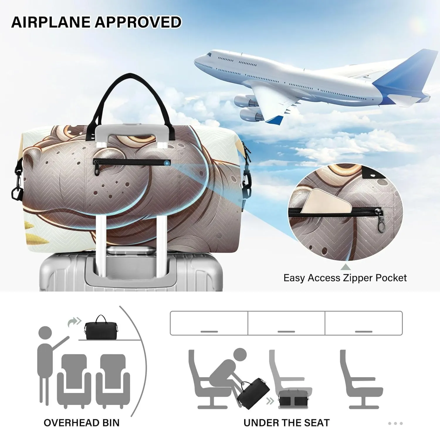 Cartoon Hippo Cute Travel Duffle Bags Make up Bags Set of 2, Cartoon Womens Luggage Bags Weekender Bag