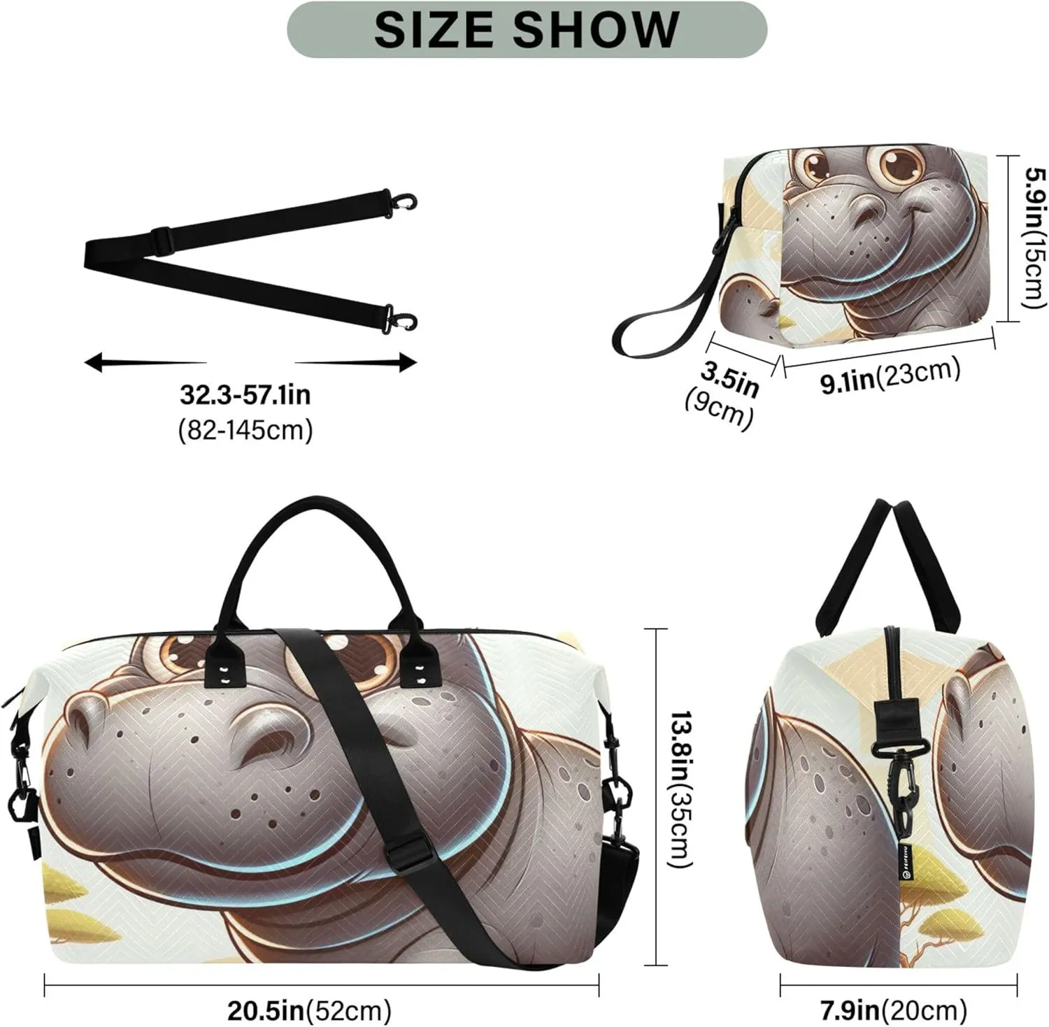Cartoon Hippo Cute Travel Duffle Bags Make up Bags Set of 2, Cartoon Womens Luggage Bags Weekender Bag