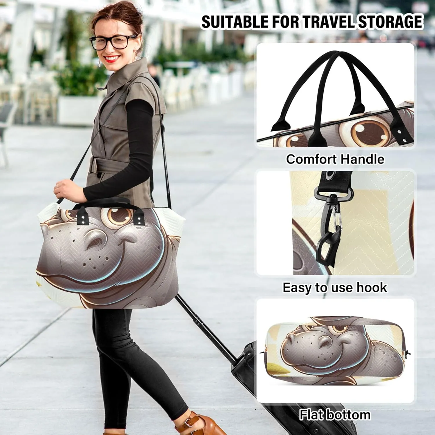 Cartoon Hippo Cute Travel Duffle Bags Make up Bags Set of 2, Cartoon Womens Luggage Bags Weekender Bag