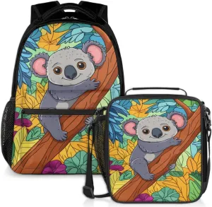 Cartoon Koala Lunch Backpack Colorful Leaves Floral Laptop Backpacks Set with Insulated Cooler Lunch Box Leak Proof Lunch Bag for Women Men Work Camping Travel Daypack