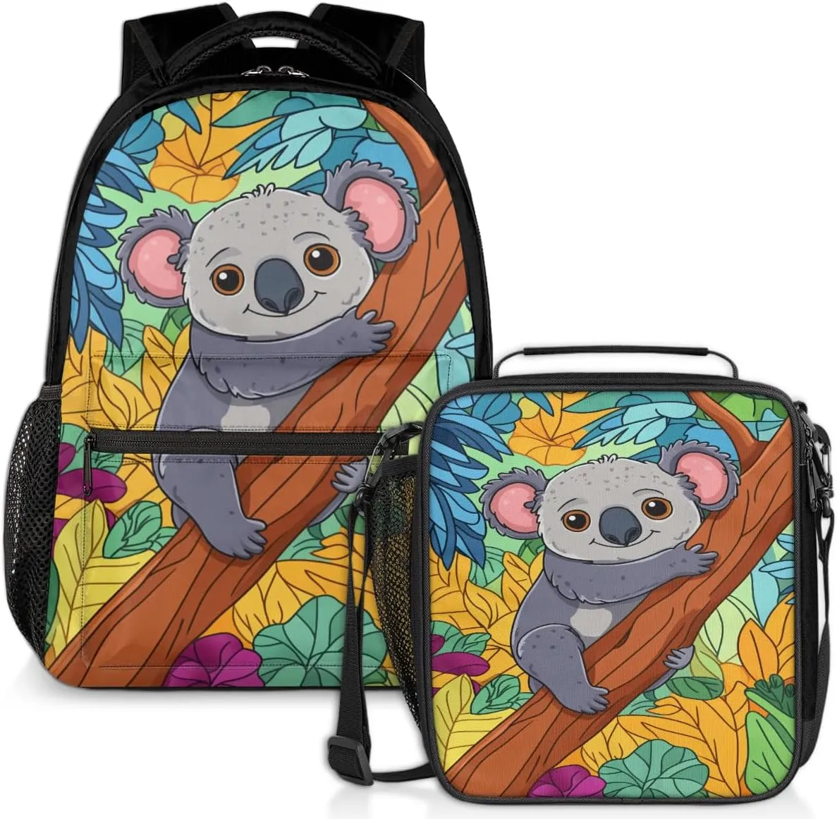 Cartoon Koala Lunch Backpack Colorful Leaves Floral Laptop Backpacks Set with Insulated Cooler Lunch Box Leak Proof Lunch Bag for Women Men Work Camping Travel Daypack