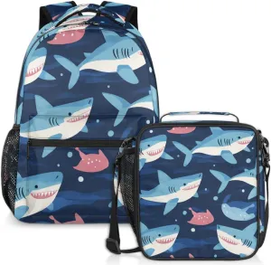 Cartoon Shark Lunch Backpack Blue Fish Laptop Backpacks Set with Insulated Cooler Lunch Box Leak Proof Lunch Bag for Women Men Work Camping Travel Daypack