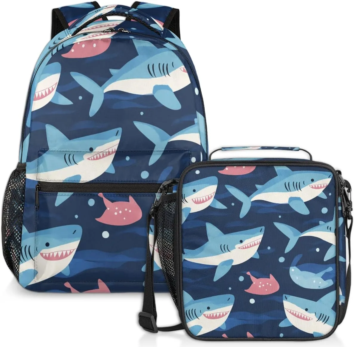Cartoon Shark Lunch Backpack Blue Fish Laptop Backpacks Set with Insulated Cooler Lunch Box Leak Proof Lunch Bag for Women Men Work Camping Travel Daypack