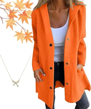 Casual Single Breasted Hooded Jacket for Autumn,Womens Lapel Button Up Trench Coat Fashion Long-Sleeved Jacket