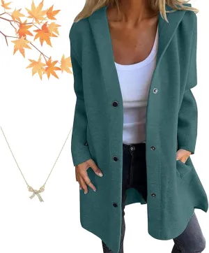 Casual Single Breasted Hooded Jacket for Autumn,Womens Lapel Button Up Trench Coat Fashion Long-Sleeved Jacket