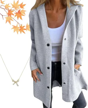 Casual Single Breasted Hooded Jacket for Autumn,Womens Lapel Button Up Trench Coat Fashion Long-Sleeved Jacket