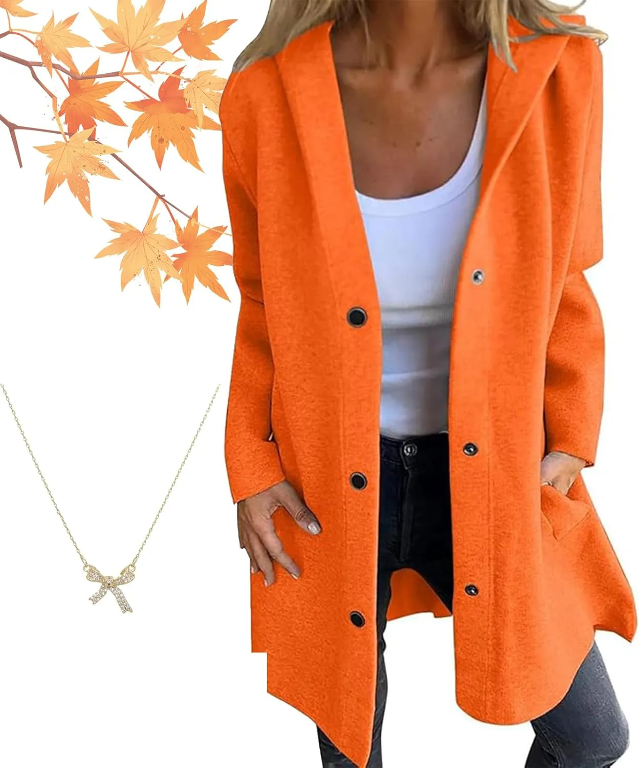 Casual Single Breasted Hooded Jacket for Autumn,Womens Lapel Button Up Trench Coat Fashion Long-Sleeved Jacket