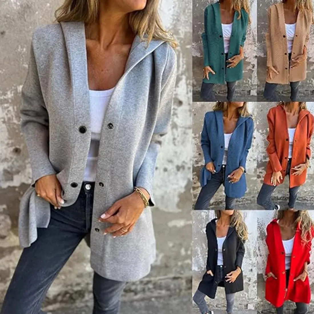 Casual Single Breasted Hooded Jacket for Autumn,Womens Lapel Button Up Trench Coat Fashion Long-Sleeved Jacket